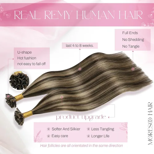 Vista 2 de Moresoo Extensiones de cabello humano con punta K de 24 pulgadas, extensiones de cabello humano con reflejos castaño medio con rubio caramelo