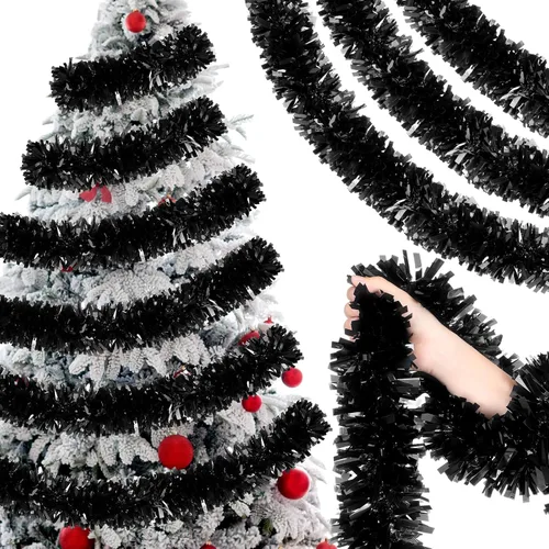 Vista 9 de Guirnalda de Oropel de Navidad de 26.2 pies Negra de Halloween Guirnalda Metálica para Árbol Decoraciones Colgantes de Oropel con Brillantina