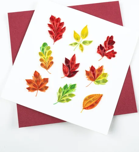 Vista 2 de Quilling Card Tarjeta de felicitación hecha a mano con hojas de follaje de otoño – Tarjeta en blanco de 6 x 6 pulgadas con sobre, verificado