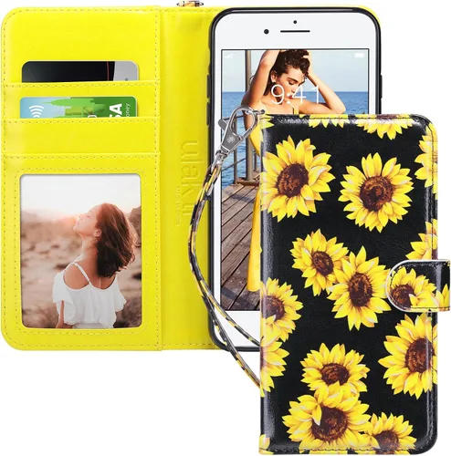 Vista 13 de ULAK - Funda tipo cartera para iPhone 8 Plus/iPhone 7 Plus, color negro Funda de piel sintética prémium con tarjetero [bloqueo RFID], función