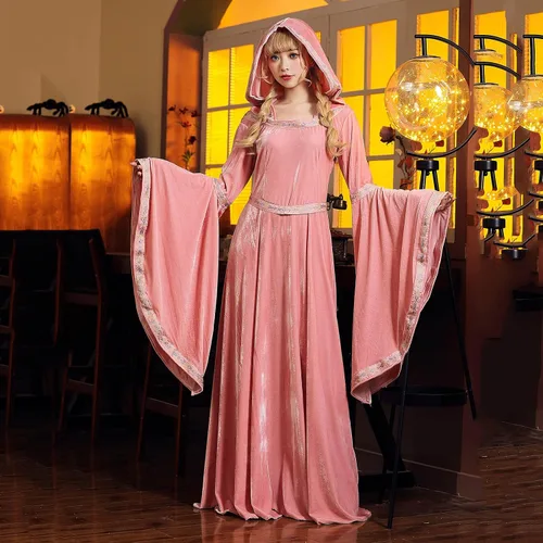Vista 6 de Vestido renacentista de terciopelo para mujer con capucha, disfraz de bruja medieval de manga larga, vestido largo vintage