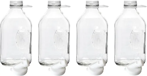 Vista 3 de The Dairy Shoppe Botella de leche de vidrio pesado, jarra con tapa y boquilla de silicona para verter, recipiente de leche transparente