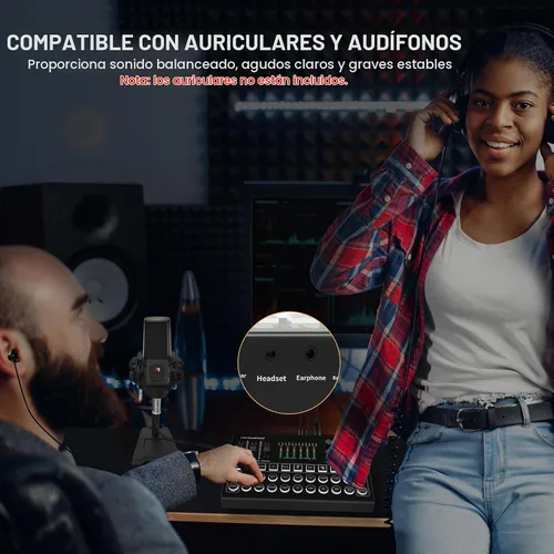 Vista 6 de RHM M9 Paquete de equipo de podcast, interfaz de audio todo en uno con micrófono y auriculares, 13 efectos de sonido, soporte para cambio