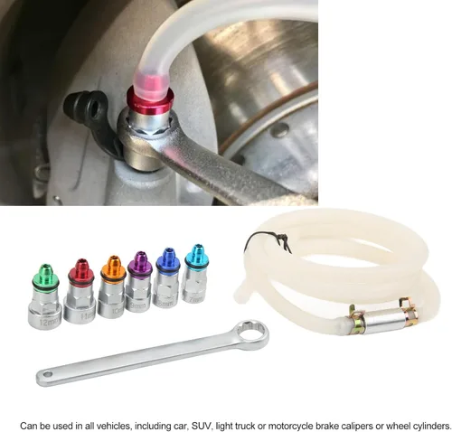 Vista 4 de Kit de llave de purga de frenos con 6 adaptadores, goma metálica, universal para automóvil, SUV, camión ligero, motocicleta, 0.27-0.47 pulgadas
