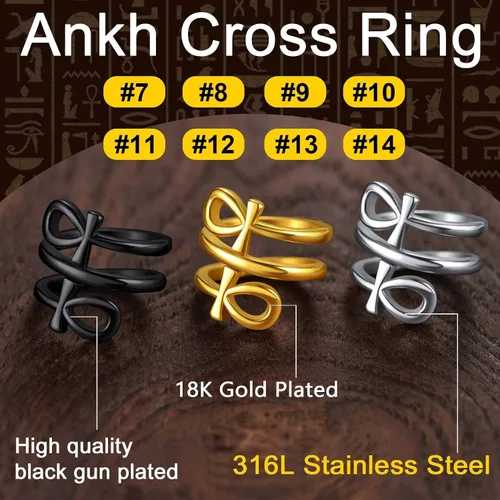 Vista 7 de ChainsProMax Puede grabar anillos de cruz Ankh para hombres y mujeres, anillo de mitología de joyería egipcia, acero inoxidable, chapado en oro