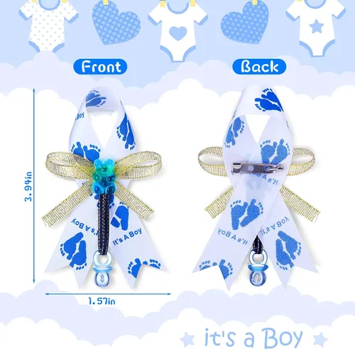 Vista 2 de Jexine 50 piezas de broche con lazo para baby shower, broche de cinta con chupete azul y oso para decoración de fiesta de revelación de género