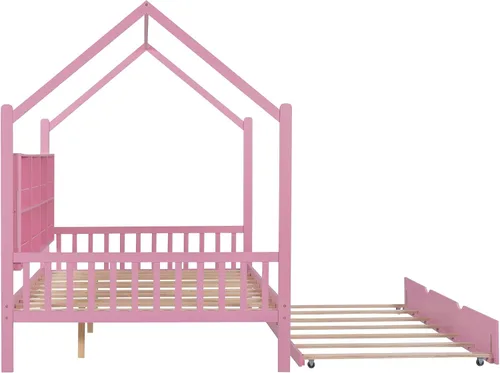 Vista 5 de Harper & Bright Designs Cama de casa de tamaño matrimonial con nido, marco de cama matrimonial de madera con compartimento para estantes, cama