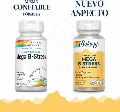 Vista 2 de SOLARAY Mega Vitamina B-Estrés, Complejo vitamínico B de liberación programada con 1000 mg de vitamina C para el estrés, la energía y el apoyo a
