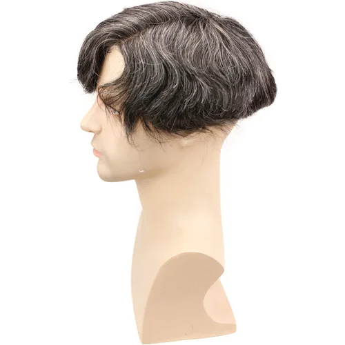 Vista 4 de Voloria Swiss Full Lace Hombres Toupee 1B Color Negro Cabello Humano Real Mezclado 20% Gris Pelo Sintético Reemplazo para Hombres Hairpiece