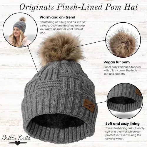 Vista 2 de Britt's Knits Classics - Gorro de punto con pompones (carbón) y guantes de invierno de punto ultrasuave (gris jaspeado)