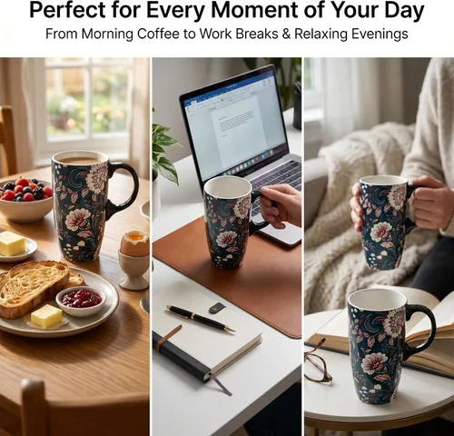 Vista 3 de DUSVALLY Taza de viaje de cerámica de 17 onzas con tapa, taza de café botánica vintage, taza de té floral azul con asa, apta para microondas