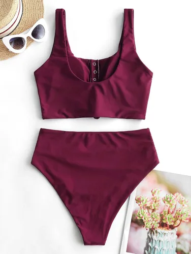 Vista 6 de ZAFUL - Traje de baño estilo bikini de dos piezas con cuello redondo y cintura alta para mujer