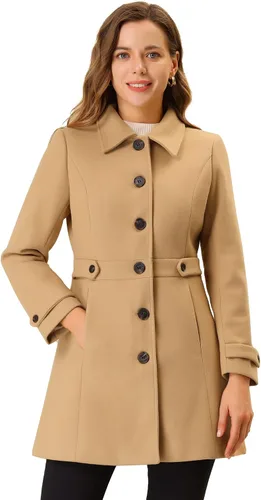 Vista 25 de Abrigo clásico de invierno con bolsillos de Allegra K para mujer; chaquetón de botonadura sencilla Verde militar