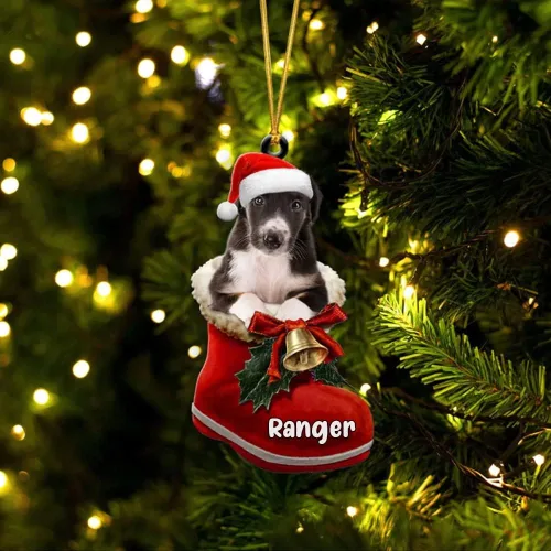 Vista 85 de Amantes de los perros de Navidad – Akita Inu Dog in Santa Boot Adorno de Navidad, adorno personalizado en forma 2D, adorno de Navidad, personaliza