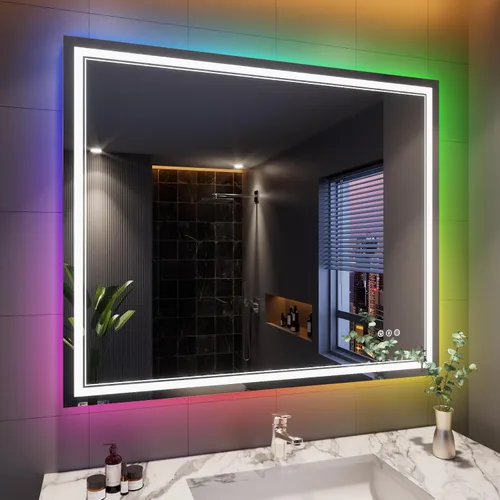 Vista 9 de Espejo de baño LED de 24 x 28 pulgadas, luz frontal y retroiluminada, antiniebla, regulable, espejo de tocador iluminado con memoria, espejo LED