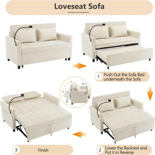 Vista 3 de Harper & Bright Designs Sofá cama convertible moderno de 56.9 pulgadas con un cojín de respaldo reversible, bolsillos laterales, dos puertos USB