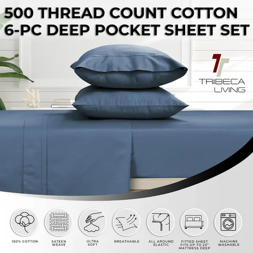Vista 3 de Tribeca Living Juego de sábanas y fundas de almohada de satén de algodón egipcio suave, bolsillo profundo, 500 hilos, ropa de cama de lujo de 6