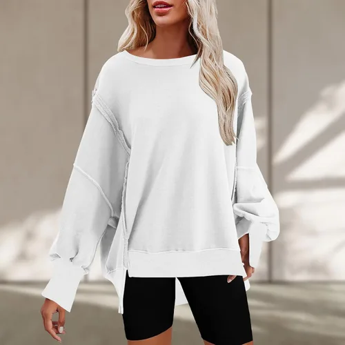 Vista 4 de Womens Oversized Casual Slit Y2K Pullover Top Crewneck Long Sleeve Corded Sweatshirts Fall Outfits 2023 Winter Clothes
