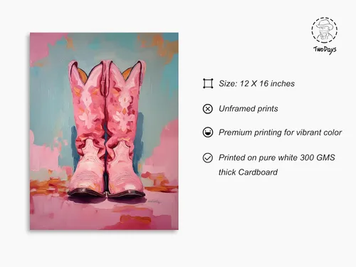Vista 2 de TwoDays Botas de vaquera rosadas para decoración de habitación, pinturas femeninas del oeste para apartamento, botas de vaquero costero, impresiones