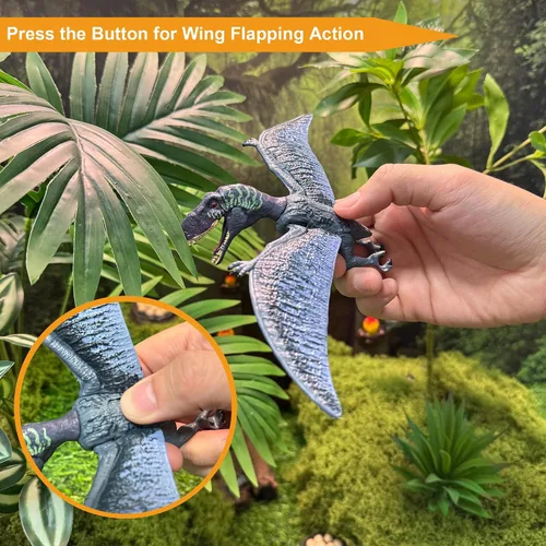 Vista 2 de EKU Juguetes de Dinosaurio Pterodáctilo con Aleteo de Alas Juguete Eudimorphodon, Cabeza se Mueve Ataca Brachiosaurus Styracosaurus Figuras
