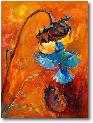 Vista 3 de DesignQ Lienzo decorativo tradicional de colibrí azul sobre naranja, 24.0 x 31.9 in