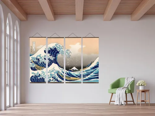 Vista 3 de jszip Rollo retro japonés de onda Ukiyo-e, pintura colgante de madera, 39.76 x 15.75 pulgadas