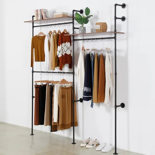 Vista 2 de Perchero Industrial de Tubería con 2 Estantes, Perchero de Ropa de Servicio Pesado Montado en Pared Soportes de Exhibición de Tienda de Ropa