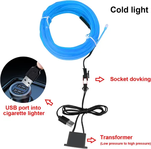 Vista 2 de Tira de luces LED de cable EL, tira de luz de neón automática USB de 10 pies/3M con borde de costura, kits de iluminación ambiental