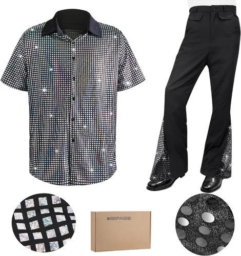 Vista 2 de 6 piezas de disfraz de discoteca de los años 70 retro de los años 80, pantalones acampanados, camisas de manga corta, pelucas, collar, bigote