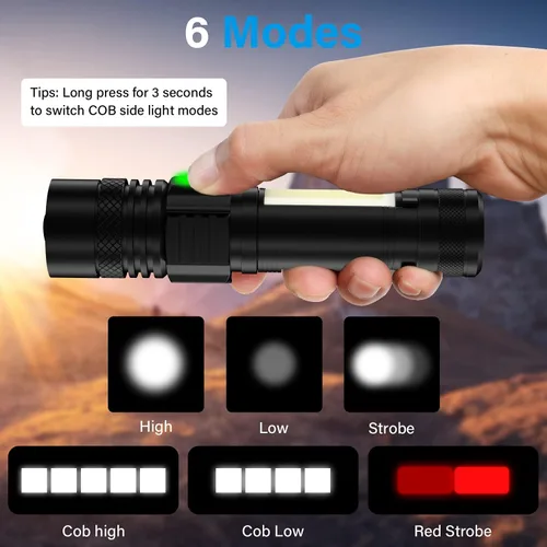 Vista 3 de Linterna recargable por USB, linternas magnéticas LED, linternas tácticas súper brillantes con luz lateral mazorca, impermeable, zoomable, 6 modos