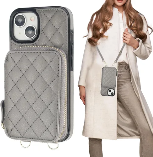 Vista 9 de Bocasal Funda tipo cartera con bandolera para iPhone 15, de cuero PU con bloqueo RFID, con cierre de cremallera, cartera tipo bolso con función