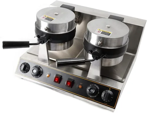 Vista 9 de Máquina de gofres belga de doble cabeza comercial giratoria de doble alerón para desayunar, cocina antiadherente, resistente, para restaurante, mini