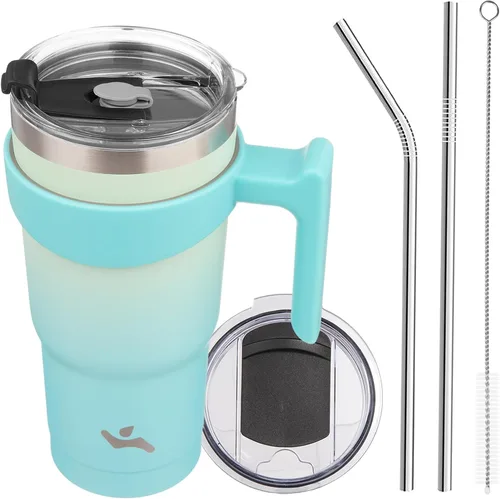 Vista 24 de Konokyo - Vaso de 10 onzas con asa y 2 popotes, 2 tapas, botella de agua aislada de acero inoxidable, taza de viaje reutilizable, color verde militar