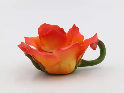 Vista 2 de Figura de tetera fina de porcelana con salmón naranja y rosa, 4 pulgadas de largo