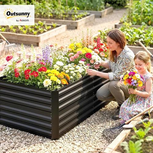 Vista 2 de Outsunny Kit de cama de jardín elevada galvanizada con barras de refuerzo, maceta de metal grande y alta para verduras, flores y hierbas, 6 x 3 x 2