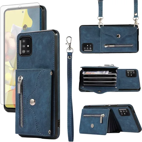 Vista 10 de Funda para teléfono Samsung Galaxy A71 5G con protector de pantalla de vidrio templado y correa cruzada para la muñeca, cordón para tarjeta de Negro