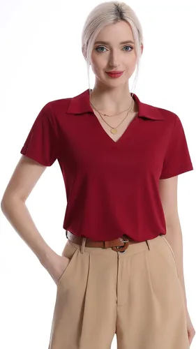 Vista 2 de Camisas polo con cuello en V para mujer, manga corta, cuello de golf Negro/Azul/Vino Rojo