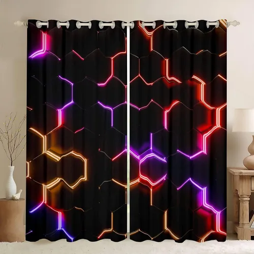 Vista 10 de Feelyou - Cortinas de ventana en forma de panal, tema geométrico hexagonal con luces de neón verdes, para chicos adolescentes y hombres, elegante