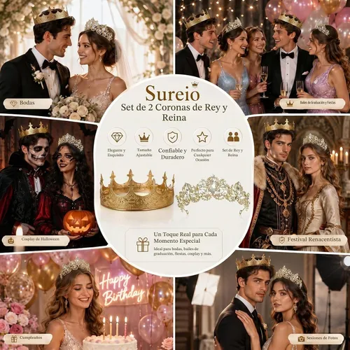 Vista 6 de Sureio Juego de 2 coronas King y Queen, estilo elegante