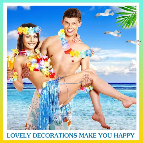 Vista 8 de Juego de 50 faldas de hula con flores, 10 faldas de hierba hawaiana para niñas, 10 Leis hawaianos 10, collar Luau, 20 pulseras tropicales, traje