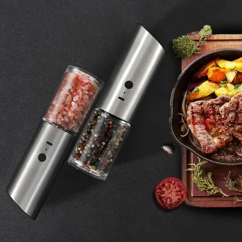 Vista 7 de VEVOK CHEF Juego de molinillo eléctrico de sal y pimienta, recargable con luz LED, tipo C, gravedad automática, acero inoxidable, molino