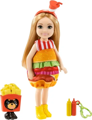 Vista 10 de Muñeca de vestir Barbie Club Chelsea (6 pulgadas y morena) con disfraz de pastel, mascota y accesorios, para niños de 3 a 7 años