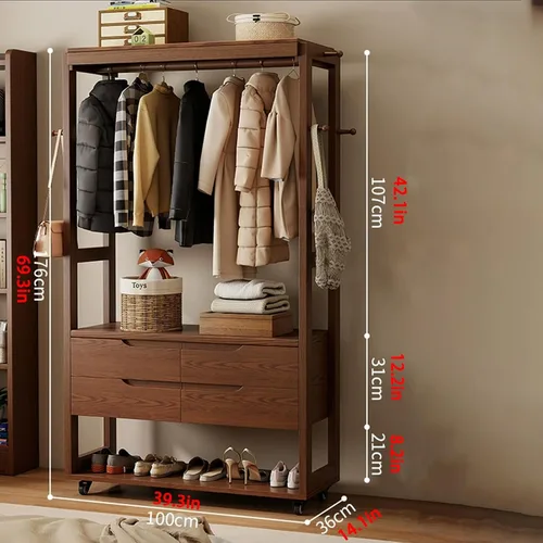 Vista 2 de Perchero de madera maciza, perchero móvil de 360°, perchero de gran capacidad con 4 cajones y un zapatero, perchero para entrada, dormitorio Natural