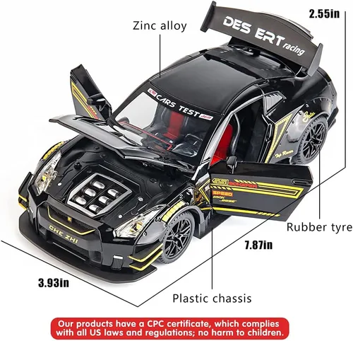 Vista 5 de BDTCTK - Coche modelo compatible de escala 1/24 para Nissan GTR, juguete de aleación de zinc con sonido y luz para niños y niñas (negro)