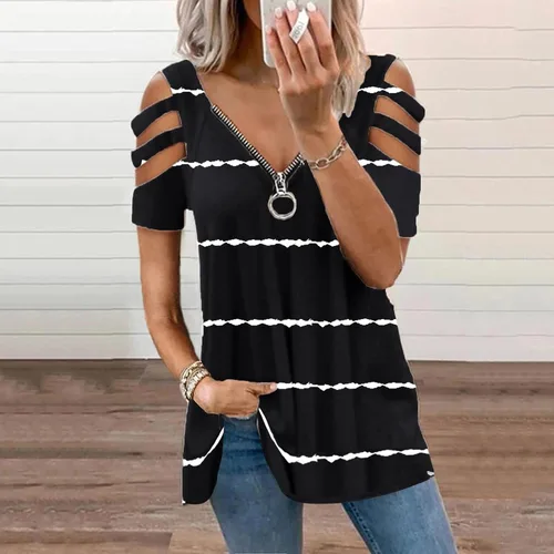 Vista 2 de kangguolai T Shirt Women Soft Blouse for Women Western Shirt Zipper Pullover Short Sleeve Color Block V Neck Fashion