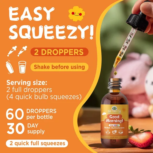 Vista 3 de Natural Kids Herbal Morning Drops – Verdes líquidos diarios + mezcla de superalimentos antioxidantes con saúco, espirulina, goji y arándano, suave