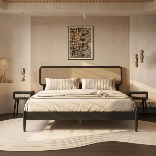 Vista 10 de Lupin - Base de cama de madera con cabecero, base de madera de roble macizo y goma con listones silenciosos y soportes centrales de madera, Negro