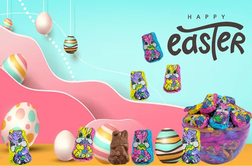 Vista 3 de Fruidles Conejitos de chocolate con leche de Pascua, rellenos de bolsas de fiesta suaves y cremosos, láminas multicolor envueltas individualmente