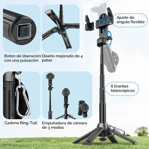 Vista 4 de Mini Palo Magnético para Selfie para iPhone, Trípode Portátil 4 en 1 de Tamaño de Bolsillo para iPhone MagSafe/Android con Control Remoto/Soportes