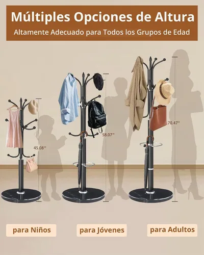 Vista 6 de Perchero de metal con base de mármol natural, soporte de perchero con 12 ganchos y soporte para paraguas, percheros modernos negros independientes